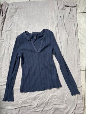 Maeve Navy Blue Ribbed Long-Sleeve Top